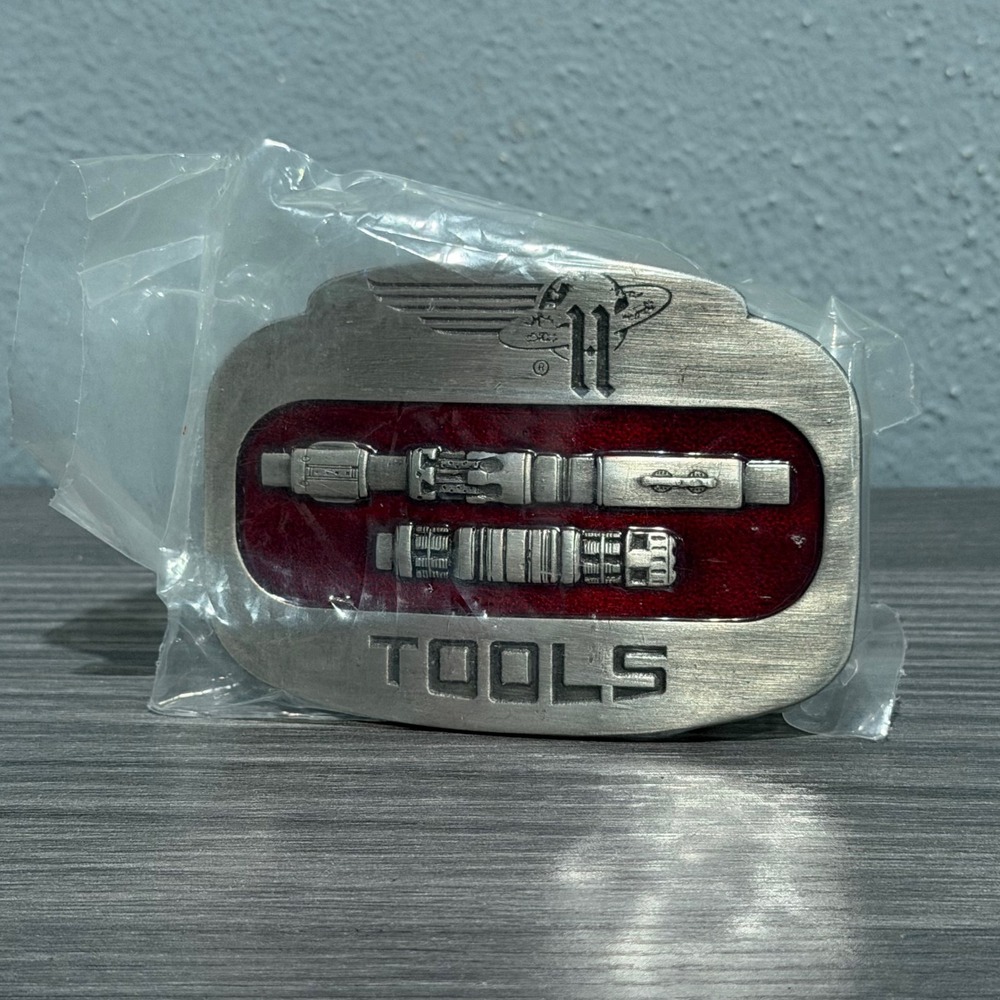 Vintage General Graphics Tools Belt Buckle Pewter Red Enamel Made in USA Sci-Fi